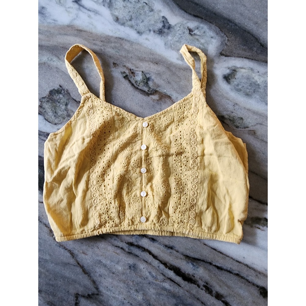 American Eagle Yellow Eyelet Embroidered Button Front Crop Tank Top Small Boho